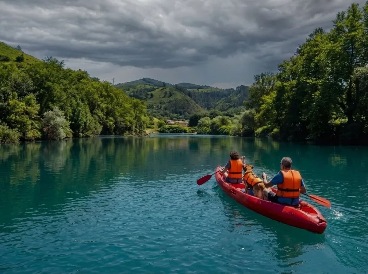 Canoa de alquiler lista en la orilla del Sella en Arriondas para el descenso del río