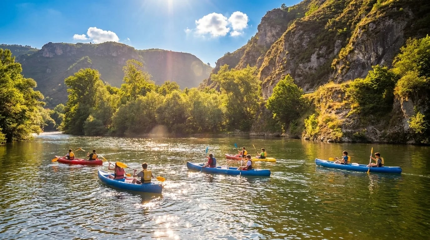 Canoa bajando el río Sella en una mañana de verano · cálculo de tiempos reales del descenso desde Arriondas