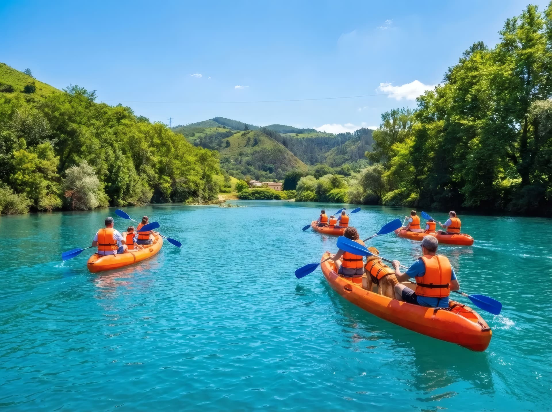 Canoa en el descenso del Sella con la sierra de Asturias al fondo