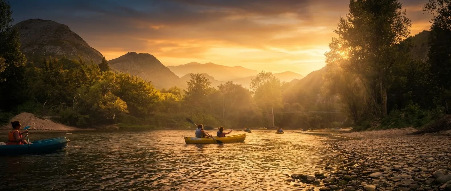Atardecer sobre el río Sella en Asturias, valle con montañas al fondo
